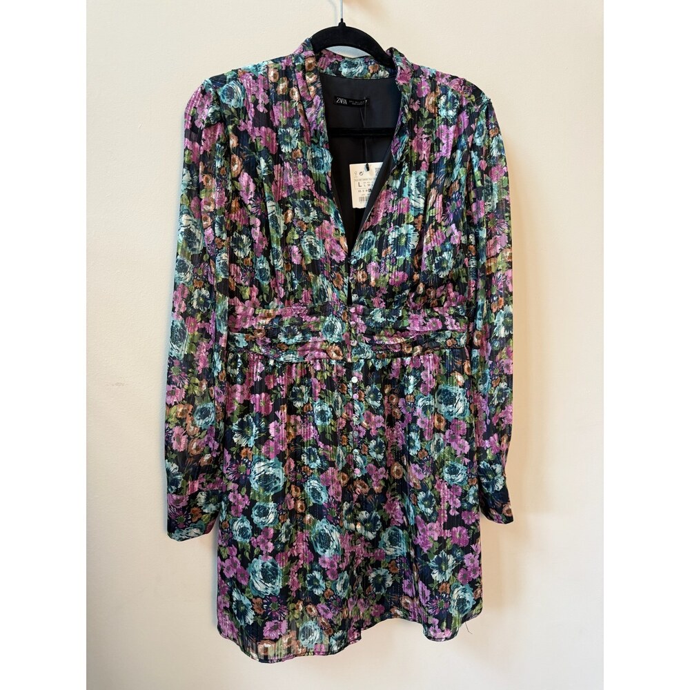Zara Floral Long Sleeve Mini Dress Size M NWT